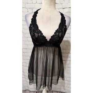 Victoria’s Secret Halter Top Babydoll Lingerie Sz: Small Lace Sheer Black